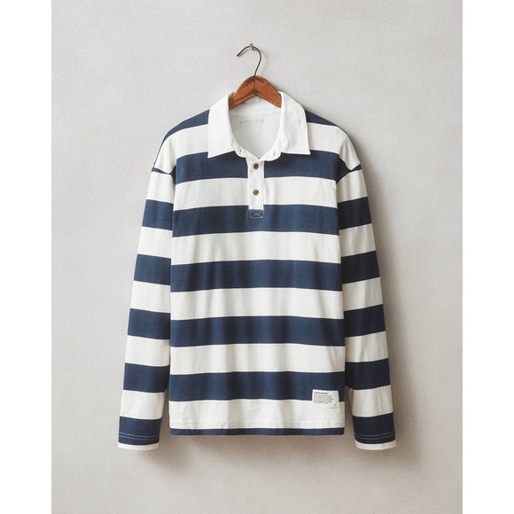 American Giant Classic Rugby Shirt Navy Blue Cream Stripe‎ Polo L New With Tags